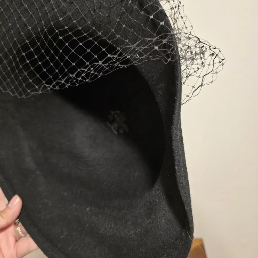 True Vintage Lancaster Black Wool Felt Hat Face Netting USA Black Sequin Classy
